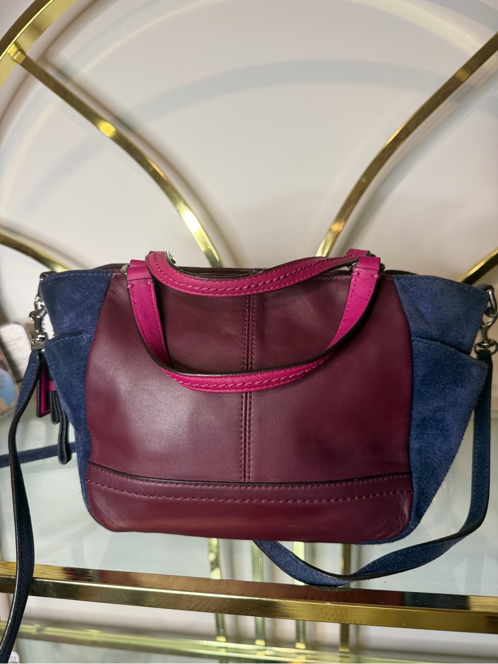 Coach Two-Tone Fuchsia, Burgundy and Navy Leather Shoulder Bag - Picture 2 of 16